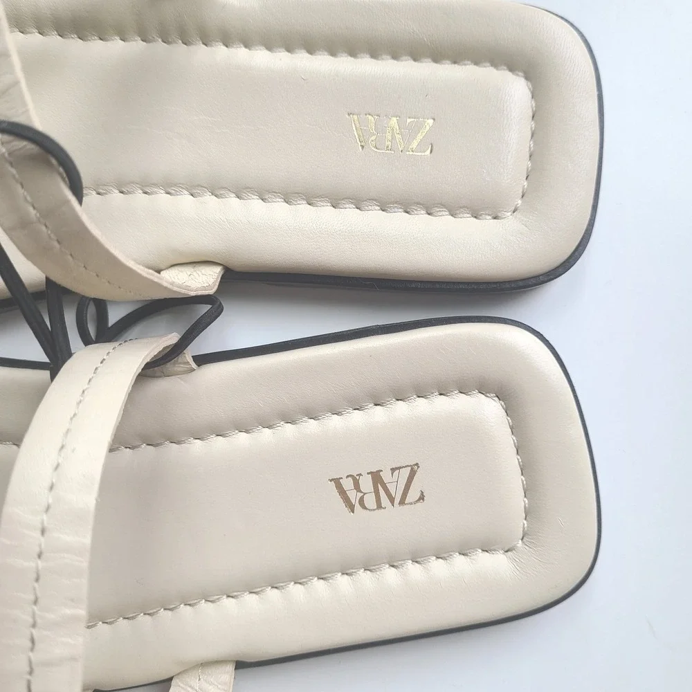 Zara Womens Sz 10 Flat Sandals Abierto Leather Ivory Cream NEW Strappy Beach‎ - Picture 3 of 5